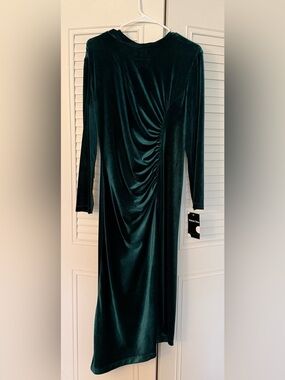 Maison Tara Deep Emerald Velvet Ruched Long Sleeve Dress